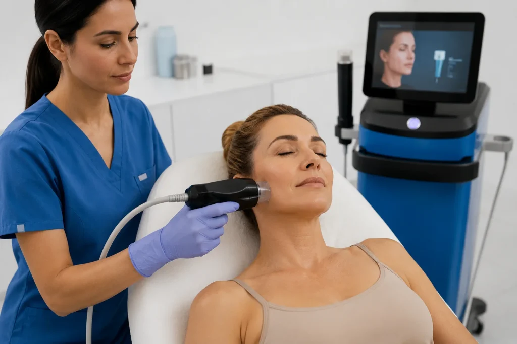 Detalle del cabezal de Morpheus8 facial actuando sobre contorno mandibular durante sesión de rejuvenecimiento