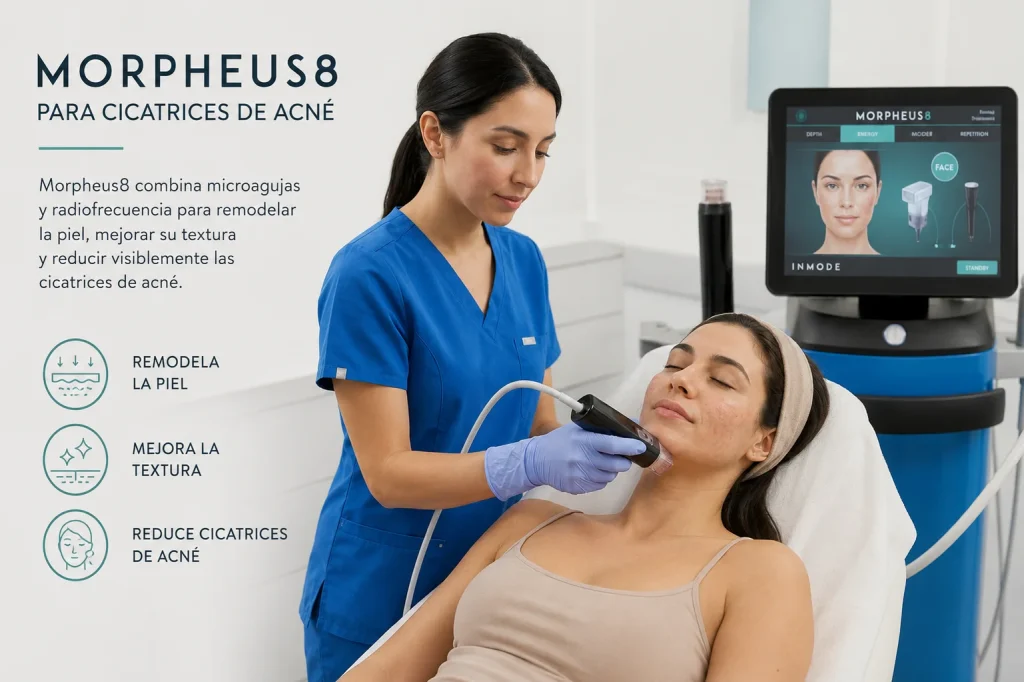Morpheus8 para cicatrices de acné en rostro de paciente en clínica estética Madrid