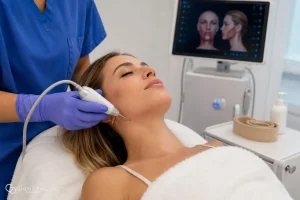 Médico aplicando tecnología Quantum para perfilado mandibular sin cirugía en paciente en clínica estética Madrid